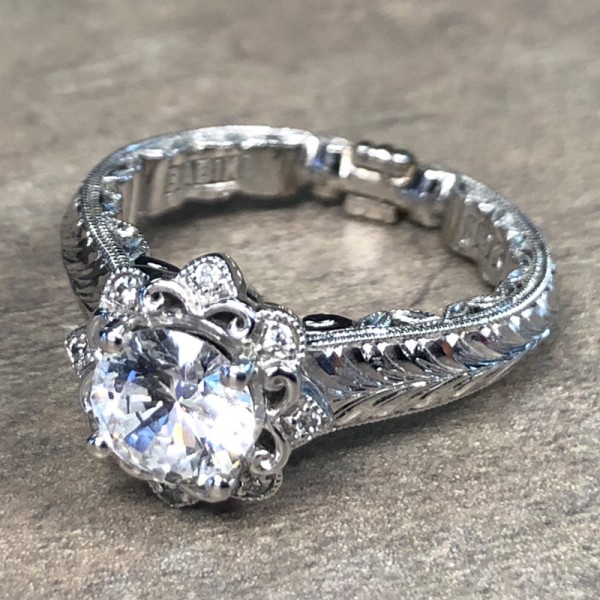 14K White Gold Round Floral Halo Engagement Ring